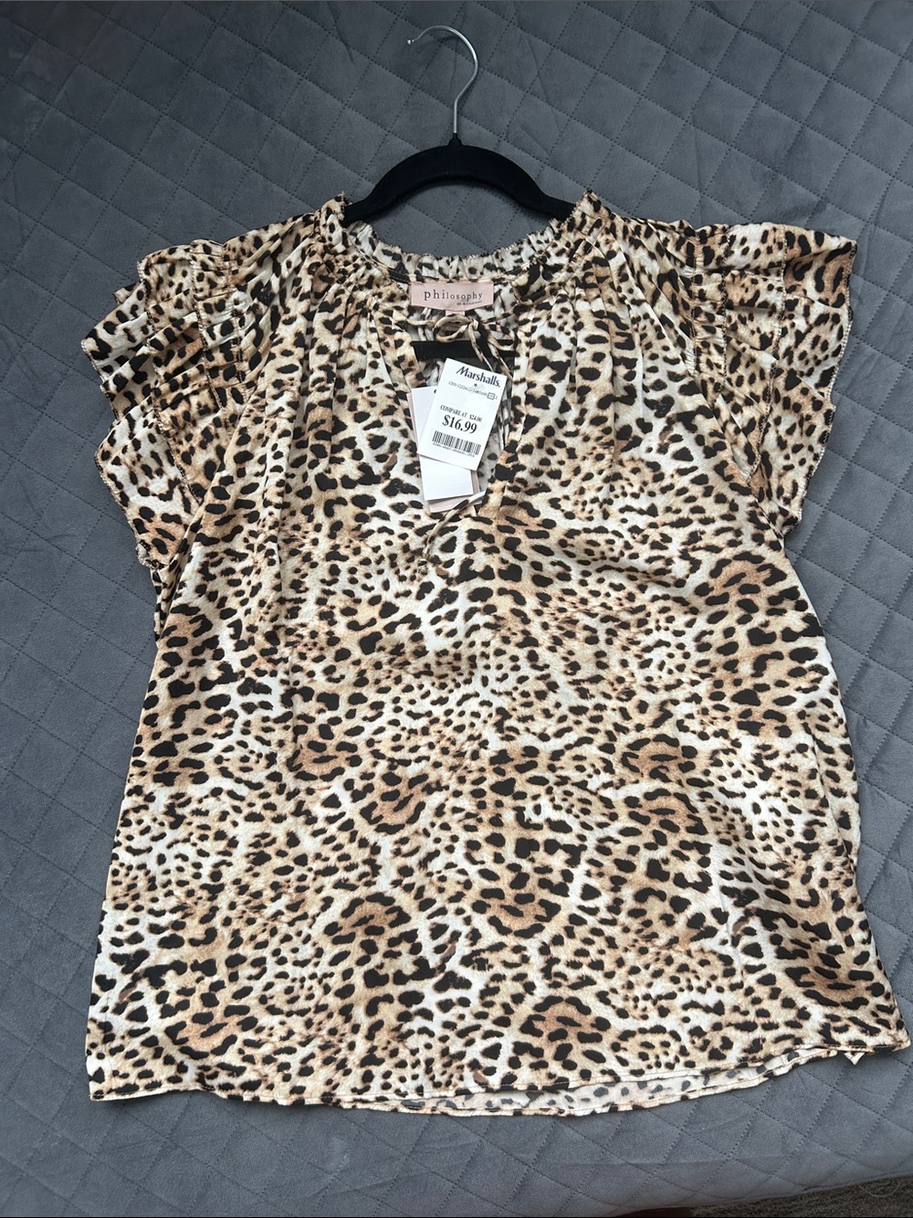 Philosophy Leopard Print V-Neck Short Sleeve Blouse - Tan, Black, Cream